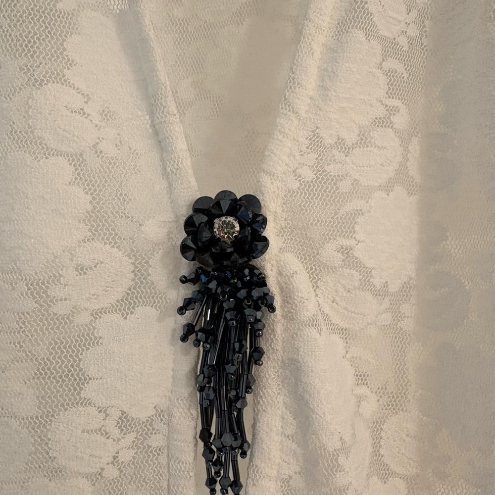 Anthropologie white Lace Dress with Black Beaded Floral Accent